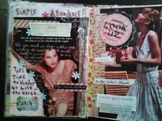 an altered book with pictures and words on it