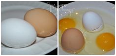 three eggs are in a white bowl and one is brown, the other has an egg yolk