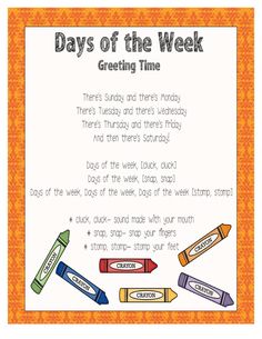 the days of the week poster with crayons and pencils in front of it