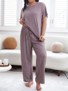 Plus Batwing Sleeve Knot Front PJ Set / Pajama Set Mauve Purple Casual-Woman  Short Sleeve Fabric Plain Pant Sets Medium Stretch Spring/Fall Women Plus Sleep and Lounge, size features are:Bust: ,Length: ,Sleeve Length: Plus Size Lounge Wear Outfit, Plus Size Lounge Wear, Plus Size Lounge, Womens Lounge Set, Plain Pants, Plus Size Pajamas, Mauve Purple, Pant Sets, Pajama Sets