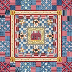 a quilted square with red, white and blue squares on the center is an image of