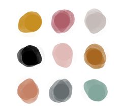 six different colors of paint arranged in the shape of ovals on a white background