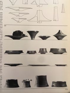 an old book with many different types of hats and vases on it's pages