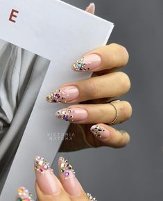 Gem French Tip, Jeweled Nails, Jewel Nails, Nailart Ideas, Nail Design Glitter, Nail Jewels, Easy Nails, Nails Now, New Nails