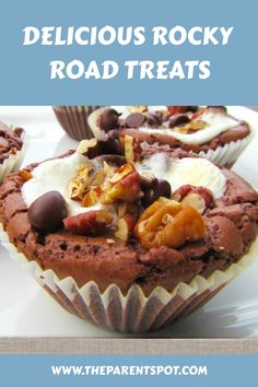 delicious rocky road treats with chocolate chips and nuts in the middle on a white plate