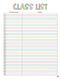 a printable class list for students with colorful lines on the front and back side