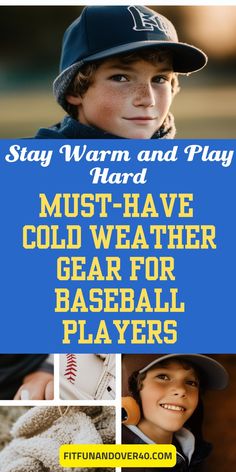 a young boy wearing a baseball hat and gloves with the words stay warm and play