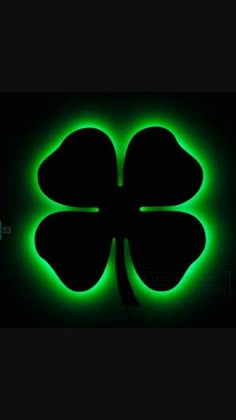 a four leaf clover is lit up in the dark with green light on it's side