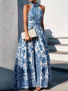 Halter Regular Fit Vacation Long Dress | stylewe Design Moda, Floral Print Maxi Dress, Floral Print Maxi, Fashion Seasons, Maxi Dress Blue, Floral Sleeveless, Formal Evening Dresses, Printed Maxi Dress, Floral Maxi Dress