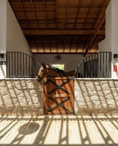 a horse sticking its head over a gated in area with stone walls and railings