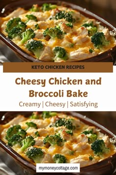 broccoli and cheese casserole is shown in two separate pans with the title