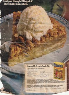 an advertisement for apple pie with ice cream on top