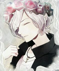 an anime character with flowers in his hair and wearing a black jacket, white collared shirt