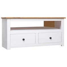 a white tv stand with two drawers and a wooden shelf on the bottom, against a white background