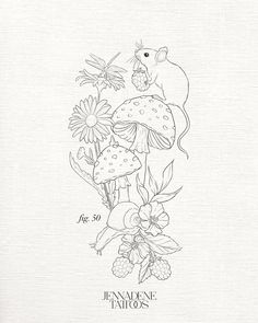 an ink drawing of mushrooms and flowers with the words bonnie tatoos on it