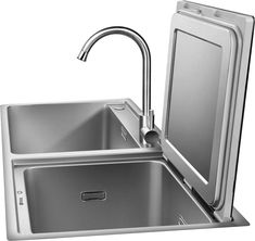 a stainless steel sink with an open door and faucet in the middle, on a white background