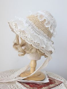 Adult version: head circumference 55-58cm  Kids version: head circumference 48-52cm Cute Beach Bonnet, Cute Beach Bonnet One Size, Cute Adjustable Bonnet For Summer, Cute Beach Bonnet With Curved Brim, White Short Brim Beach Hat, Adjustable Summer Bonnet Cap, Handmade Adjustable Bonnet With Short Brim, White Beach Costume Hat With Short Brim, Handmade White Brimmed Mini Hats