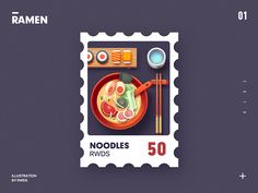 a stamp with noodles and chopsticks on it in the shape of a postage stamp