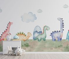 a child's room with dinosaurs painted on the wall and clouds in the background