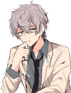 an anime character with grey hair and glasses, wearing a white jacket and black tie