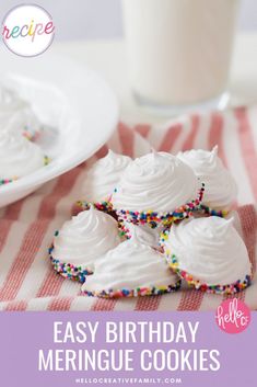 easy birthday meringue cookies with white frosting and sprinkles