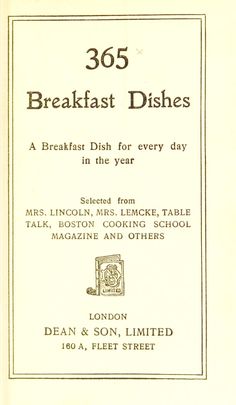 an old book with the title breakfast dishes written in black and white on it's cover