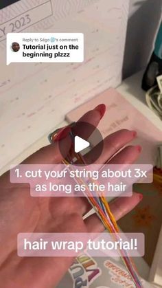 Haircare & Selfcare on Instagram: "hair wrap tutorial! ☀️ #fyp #foryou #foryoupage #summervibes #Summer #summer2023 #pinterestaesthetic #pinterest #DIY #bracelet #bracelets #braceletmaking #bracelettutorial #hair #hairstyle #hairwrap #hairwraptutorial #summerhair #hairinspo" Western Hair Wraps Thread, Making Hair Wraps, Embroidery Floss Hair Wrap Tutorials, Thread Hair Wraps Diy, How To Make A Removable Hair Wrap, How To Start A Hair Wrap, Hair Wraps Thread Tutorial Step By Step, Hair Braiding With Thread, Friendship Bracelet Hair Wrap