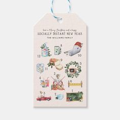 a gift tag with the words social distant new year and pictures on it