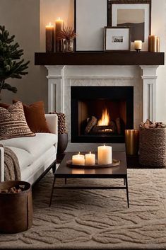 a living room filled with furniture and a fire place in the middle of the room