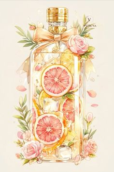 an illustration of a perfume bottle with oranges and roses on the inside, surrounded by flowers