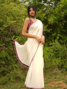 Pearl Border, Purple Border, Saree Sale, Saree Poses, Of Sarees, White Saree, Simple Outfit, Holy Grail, Outfit Casual