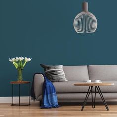 a living room with a gray couch and coffee table in front of a blue wall