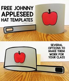 an apple hat is made out of paper and has the words, free johnny appleseed hats