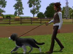 a woman is walking her dog in the yard