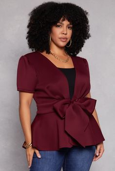 Short Sleeves, Puff Sleeves, Plunge, Peplum Top, Solid, Open Front , Scuba, Item Number 1912062123500 Plus Size Peplum Top, Plus Size Peplum, Plus Size Tops, Item Number, Puff Sleeves, Peplum Top, Plus Size Outfits, Puff Sleeve, Short Sleeves