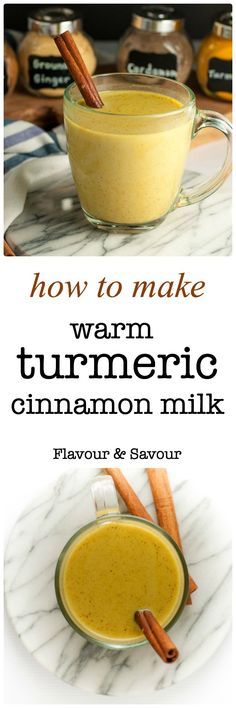 the cover of how to make warm turmeric cinnamon milk with cinnamon sticks in it