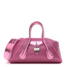 This is an authentic GIVENCHY Lambskin Satin Strass Mini Antigona Stretch in Neon Pink. This elegant handbag is crafted of satin fabric in neon pink embellished with tiny crystals throughout. The bag features metallic pink rolled-leather top handles and trim, a removable leather shoulder strap, and polished silver hardware including a Givenchy lock charm on the front. The magnetic top opens to a pink fabric interior with a patch pocket. Givenchy Purse, Mini Antigona, Elegant Handbag, Givenchy Bag, Woven Chain, Handbag Heaven, Metallic Pink, Navy Fashion, Best Bags