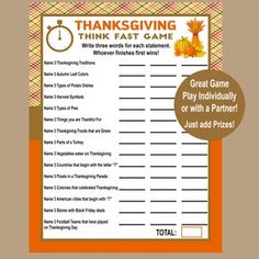 thanksgiving think fast game with an orange background