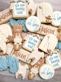 decorated cookies with baby names and teddy bears