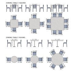 AutoCAD drawings of square and round dining tables with chairs shown from top, front, and side views, with both imperial and metric accompanying dimensions. Square dining tables: small 4 seats, medium 4 seats and 8 seats. Round dining tables: small 2 seats, 4 seats and 6 seats. Colored brown wood with beige chairs. Dining Area 6 Seater, Large Square Dining Room Table, Round Dining Table For 6, Square Dining Room Table, Restaurant Floor Plan, Blue Dining Tables, Round Table Sizes, Dining Room Layout, Jute Craft