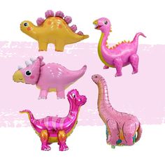 various types of inflatable toys on a pink and white background