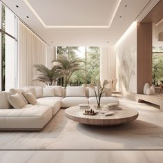 a living room with white furniture and large windows