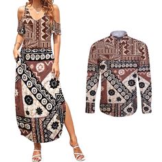 Bula Fiji Couples Matching Summer Maxi Dress and Long Sleeve Button Shirt Unique Masi Tapa Pattern LT14 Brown - Polynesian Pride Summer Maxi, Couples Matching, Summer Maxi Dress, Matching Couples, Button Shirt, Summer Shirts, Formal Occasion, Hawaiian Shirt, Color Design