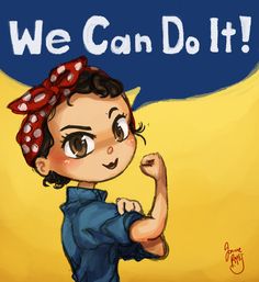 a drawing of a girl with a red bow on her head and the words we can do it