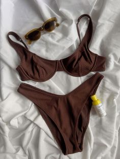 Swimwear Flatlay, Brown Bathing Suit, Dr Mundo, Product Skincare, Brown Swimsuit, Home Wear Women Pajamas, Lingerie Shoot, Swimsuits Outfits, Diy Clothes Life Hacks