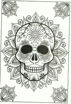 a sugar skull with intricate designs on it's face and eyes, in black and white