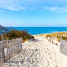 a sandy path leading to the beach with a lighthouse in the distance