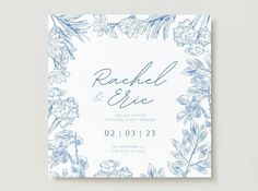 a blue and white floral wedding card