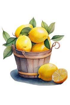 a painting of lemons in a basket with leaves