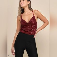 Lulu's Ready To Sparkle Burgundy Sequin Cowl Neck Sleeveless Bodysuit Sleeveless Bodysuit, Sequin Top, Cowl Neck, Sequin, Womens Tops, Sparkle, Full Service, Red, Women Shopping